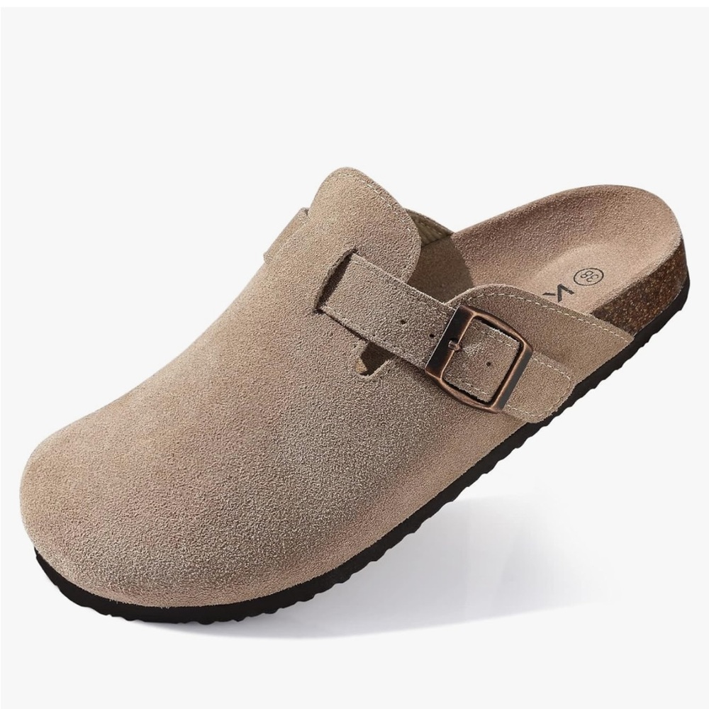 Tan Suede Mules with Buckle (Similar to Birkenstock Clogs)